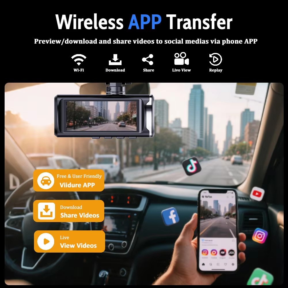 Uygun Fiyatlı Wi-fi Araç Kamerası 3 Lensli Tam 1080p Araç Kamerası,2'' Ips Ekranlı,170 Derece ° Geniş Görüş Açısı,30fps,Ön+kabin+arka 